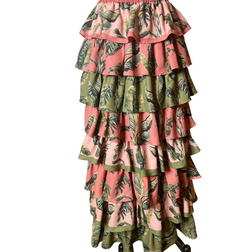 Visual Mood Tiered Ruffle Maxi Skirt in Pink and Olive with Leaf Print Large - Picture 3 of 6